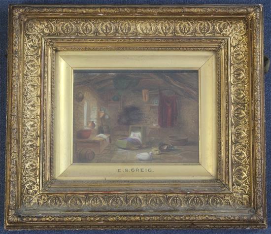 E.S. Greig (19th C.) Cottage interior with sleeping infant, 6 x 8in.